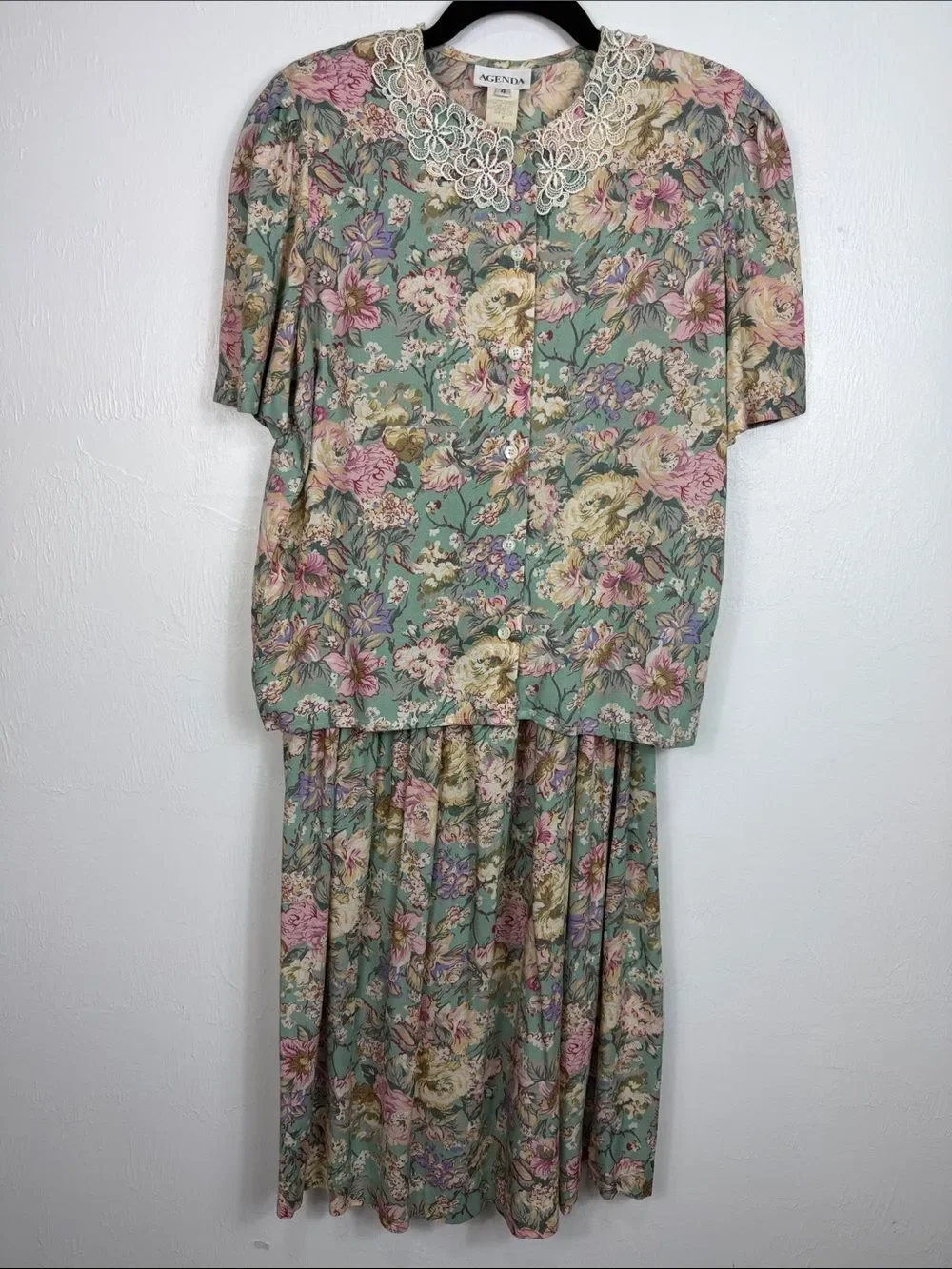 Vintage Agenda Petite Floral Rayon Two Piece Skirt Set Lace Collar Cottagecore 4